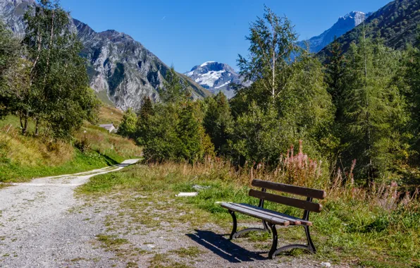 Картинка горы, скамейка, Франция, дорожка, Савойя, Альбервиль