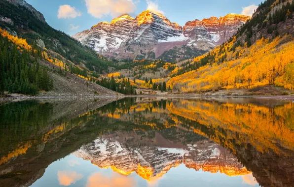 Осень, лес, отражения, озеро, Колорадо, США, скалистые горы, штат