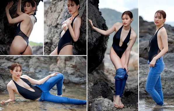 Rock, Beautiful, Asian, Model, Coast, Water, Smile, Denim
