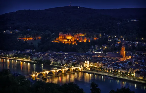 Картинка ночь, мост, огни, отражение, река, вид, высота, Германия