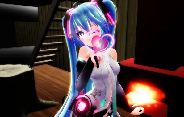 Сияние, пень, наушники, лестница, перчатки, vocaloid, Hatsune Miku, сердечко