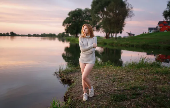 Girl, grass, sky, legs, trees, nature, water, clouds