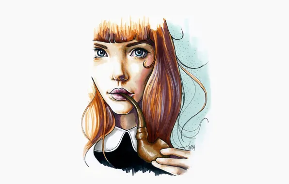 Девушка, рисунок, трубка, арт