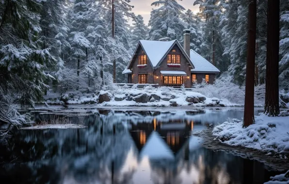 Картинка зима, лес, снег, мороз, домик, house, хижина, rustic