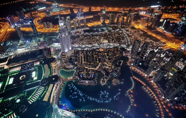 Картинка city, night, lake, dubai, united arab emirates