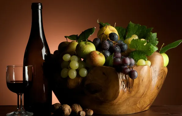 Ягоды, вино, яблоки, бокал, бутылка, виноград, фрукты, орехи