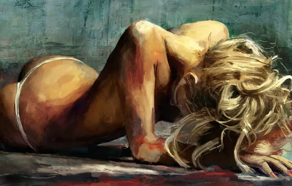 Стринги, блондинка, лежит, серый фон, art, Jordy Lakiere