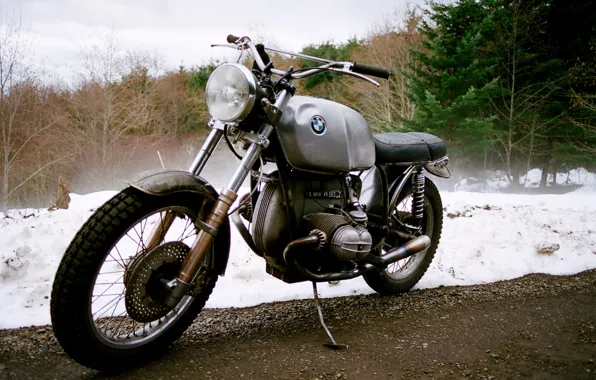 Картинка BMW, road, bike, trees, winter, motorcycle, snow, custom, 1978, motorbike, mud, B.M.W, 1978 BMW R80/7, …