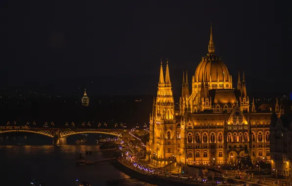 Ночь, огни, парламент, Венгрия, Будапешт