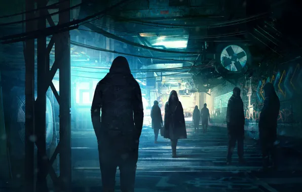 Ночь, Люди, Арт, Фантастика, Concept Art, Киберпанк, Cyberpunk, Environments