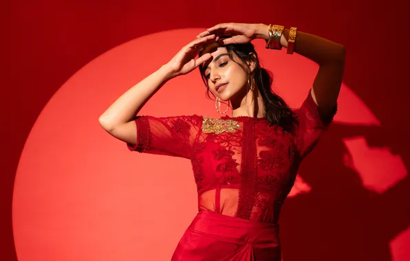 Red dress, Monochromatic, Indian actress, Red aesthetic, Meenaakshi Chaudhary