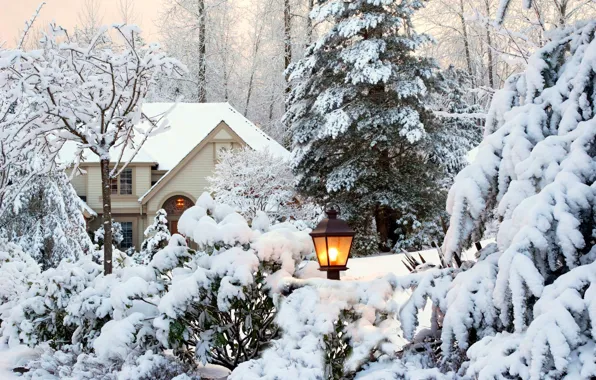 Картинка зима, небо, снег, деревья, пейзаж, природа, дом, парк, сад, фонарь, house, white, sky, trees, nature, …