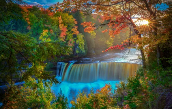 Осень, лес, деревья, река, водопад, Мичиган, Michigan, Tahquamenon Falls State Park