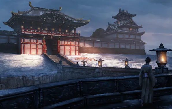 Картинка дорога, ворота, Япония, самурай, фонари, лестница, архитектура, сумерки