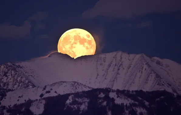 Moon, night, winter, mountains, snow, full moon, rising