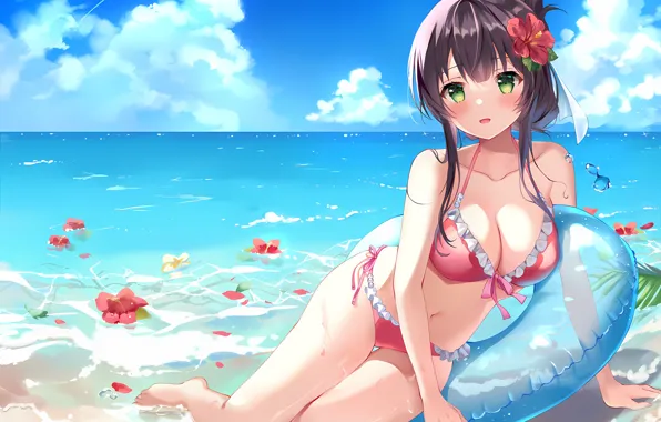 Girl, sexy, wet, cleavage, beach, sky, green eyes, sea