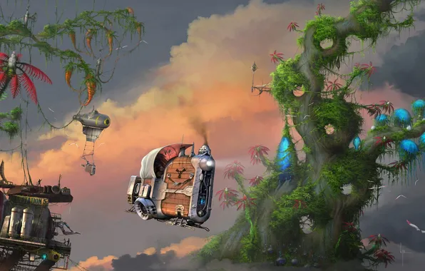 Картинка облака, деревья, фантастика, транспорт, станция, арт, в небе, Vijoi Daniel Iulian