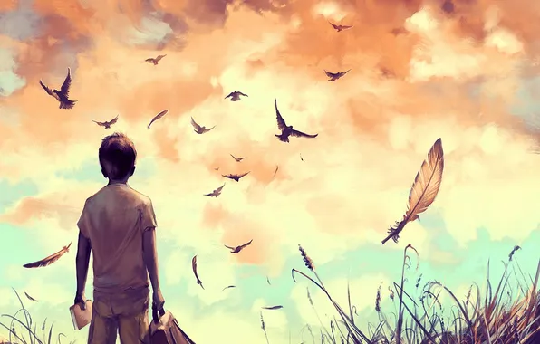 Картинка трава, облака, птицы, мальчик, арт, книга, портфель
