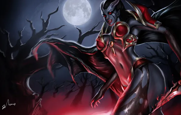 Девушка, дерево, луна, крылья, демон, арт, кинжал, Dota 2