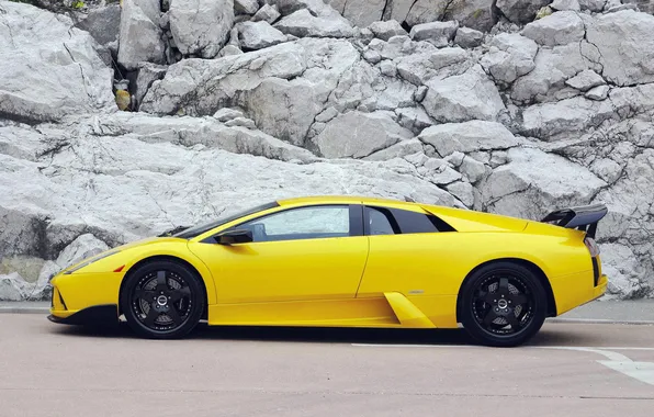 Картинка камни, ламбо, lamborghini, вид сбоку, murcielago, мурчелаго