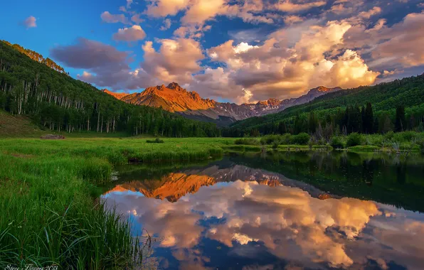 Лес, небо, вода, облака, отражения, горы, озеро, Колорадо