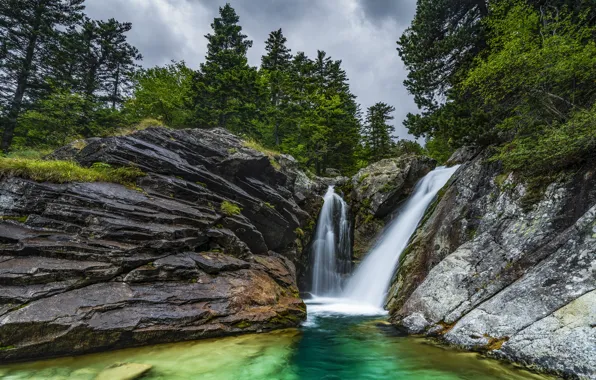 Лес, скалы, берег, водопад, поток