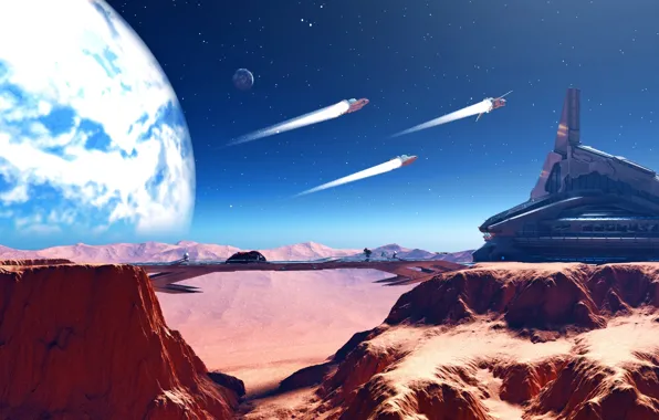 Sky, desert, mountains, stars, planet, spaceships, mars