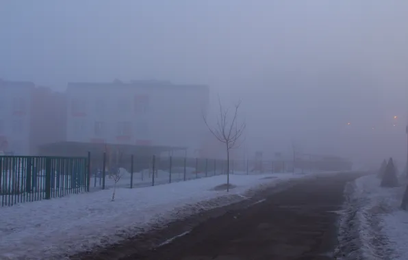 Небо, снег, туман, здание, весна, утро, Россия, сумерки