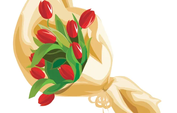 Картинка цветы, букет, тюльпаны, красные, упаковка, белый фон