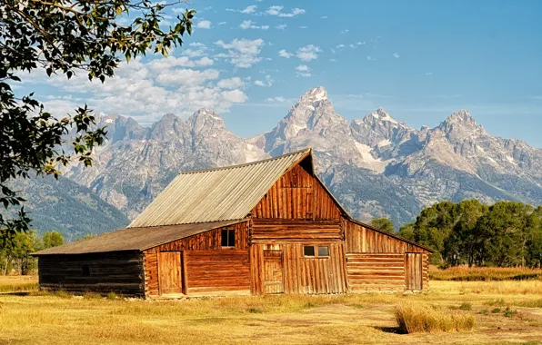 Картинка поле, горы, дом, домик, США, национальный парк, Гранд-Титон