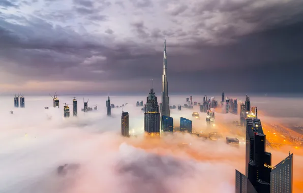 Картинка Clouds, Dubai, Smoke, Burj Khalifa, Skyscraper, Foggy