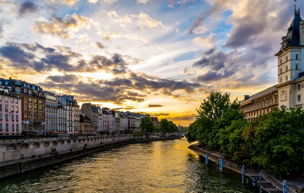 Закат, река, Франция, дома, канал, France, Houses, Rivers