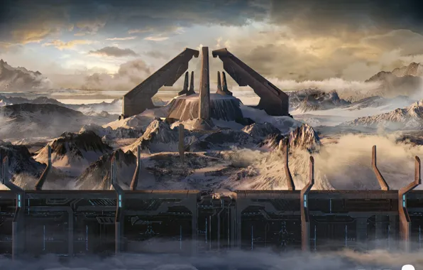 Облака, горы, сооружение, Library Exterior, Halo 2 Anniversary