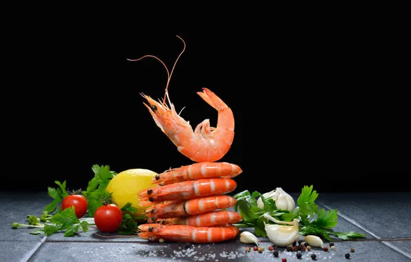 Зелень, лимон, перец, томат, креветки, морепродукты, соль