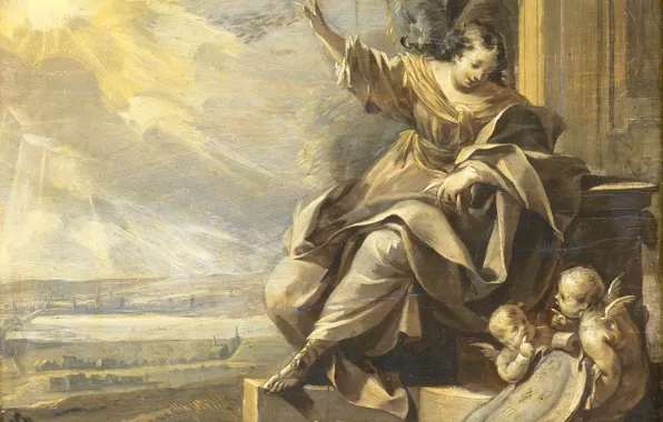 Масло, картина, мифология, 1699, неизвестный художник, Аллегорическая Женская Фигура с Двумя Ангелами