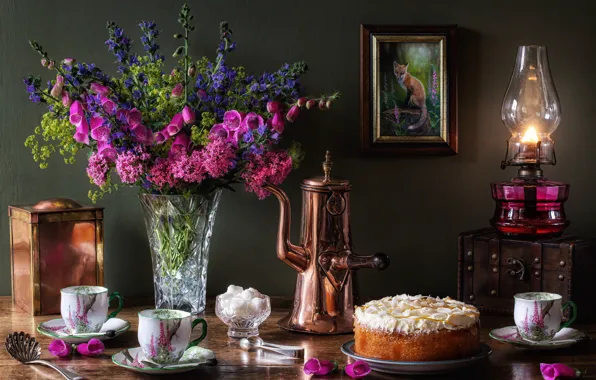 Картинка цветы, стиль, лампа, букет, картина, лиса, чашки, торт
