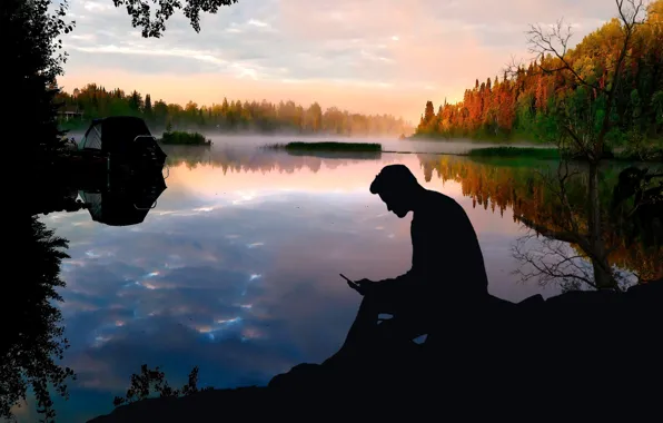 Forest, lake, camping, sunse