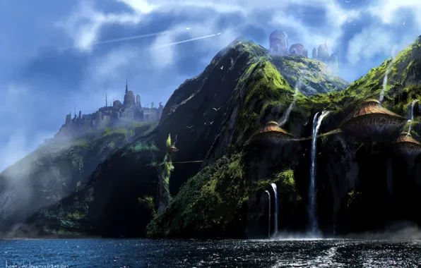 Картинка горы, берег, водопад, строения, Lost Island, skull-waterfall