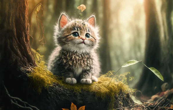 Лес, кошка, природа, рендеринг, котенок, графика, мох, зверушка