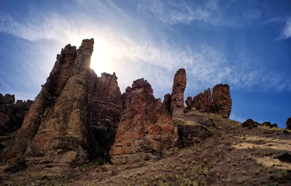 Картинка солнце, скала, камни, Пустыня