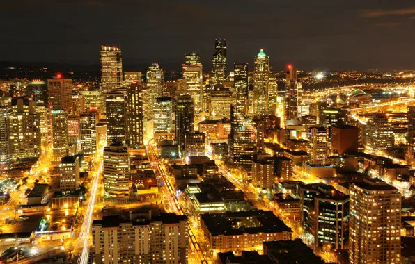 Картинка огни, здания, небоскребы, подсветка, Сиэтл, USA, США, ночной город