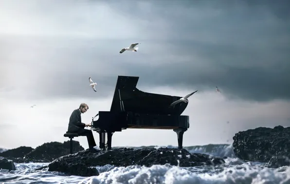 Волны, чайки, пианино, пианист, Vincent Bourilhon, The Ocean Symphony