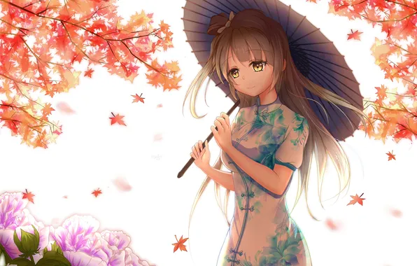 Листья, девушка, цветы, улыбка, зонт, аниме, арт, кимоно