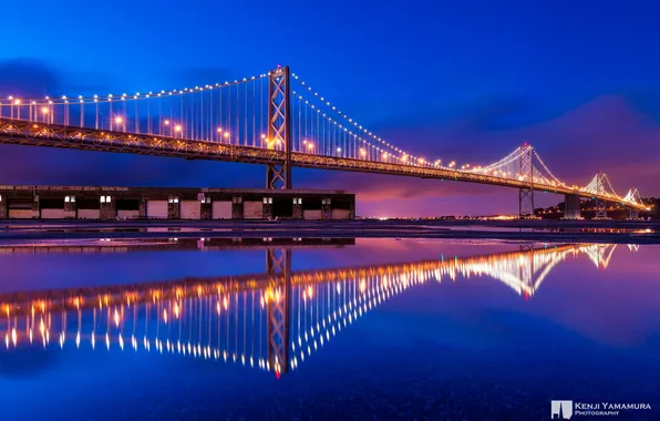 Картинка ночь, мост, огни, отражение, Сан-Франциско, photographer, Kenji Yamamura