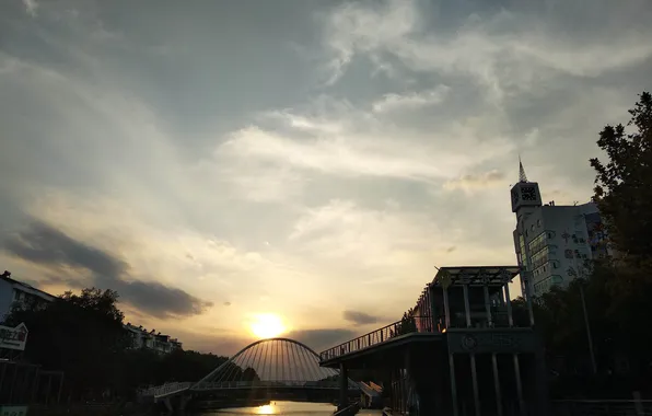 Bridge, sunset, buiding