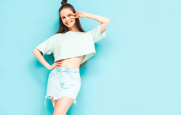 Girl, beauty, tank top, denim, mini skirt, glamorous