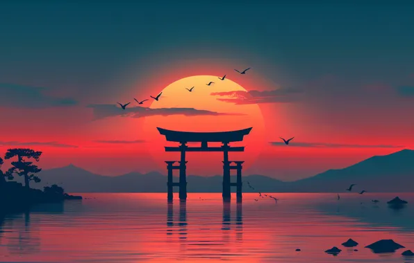 Картинка golden, sunset, glow, lake, birds