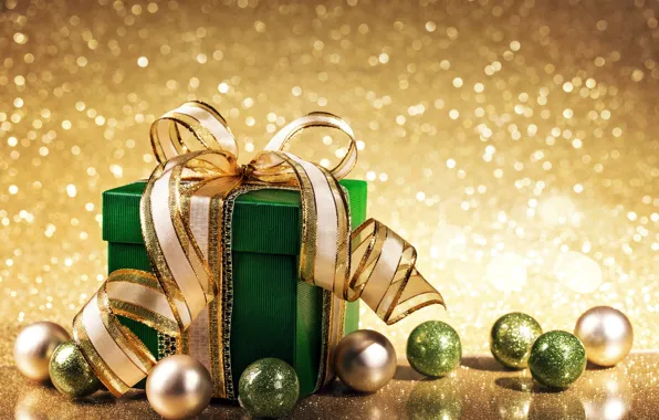 Шарики, подарок, Новый Год, Рождество, golden, christmas, balls, bokeh