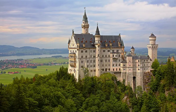 Деревья, замок, Германия, долина, Бавария, панорама, Germany, Bavaria
