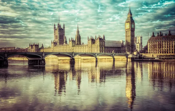 Картинка небо, облака, отражение, Англия, Лондон, зеркало, Биг Бен, Вестминстерский дворец